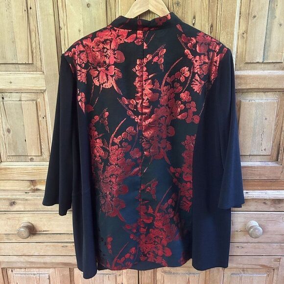 Misook 1X Red Black Evening Jacket Blazer Mature Plus Shimmer Floral 3/4 Sleeves - Picture 10 of 11